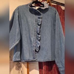 Ruffled Blue Cotton Denim Women's Top